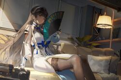 Rule 34 | 1girl, absurdres, black thighhighs, blue bow, book, book stack, bookshelf, bow, brand name imitation, breasts, brown hair, camera, chinese clothes, coach, folding fan, girls&#039; frontline, girls&#039; frontline 2: exilium, hand fan, highres, holding, holding fan, jiojio, lamp, large breasts, long hair, looking at viewer, orange eyes, pillow, sitting, solo, thighhighs, type 95 (girls&#039; frontline), vegetation