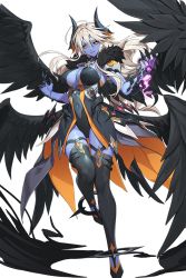 Rule 34 | 1girl, alkyde (soccer spirits), angel wings, black leotard, black sclera, blue skin, boots, breasts, catharsis (soccer spirits), claws, colored sclera, colored skin, dark persona, demon girl, demon horns, fallen angel, gluteal fold, high heel boots, high heels, horns, large breasts, leotard, long hair, looking at viewer, looking to the side, multiple wings, pantyhose, soccer spirits, thighhighs, transparent background, vakasatang, white background, white hair, wings, yellow eyes