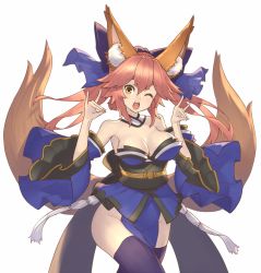 Rule 34 | 10s, 1girl, animal ears, bare shoulders, bow, breasts, cleavage, detached sleeves, fang, fate/extra, fate/grand order, fate (series), fox ears, fox shadow puppet, fox tail, hair bow, japanese clothes, kimono, large breasts, looking at viewer, multiple tails, obi, one eye closed, open mouth, pink hair, sash, smile, solo, standing, tail, takamine nadare, tamamo (fate), tamamo no mae (fate/extra), thighhighs, twintails, zettai ryouiki
