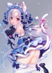 Rule 34 | 1girl, :o, animal ears, ass, bare shoulders, blue hairband, cat ears, cat tail, elbow gloves, fang, frilled hairband, frilled skirt, frills, gloves, gradient background, grey background, hairband, long hair, looking at viewer, mitsuba choco, original, pink ribbon, red eyes, ribbon, skirt, solo, stuffed animal, stuffed cat, stuffed toy, tail, tail ornament, tail ribbon, thighhighs, very long hair, white gloves, white hair, white thighhighs