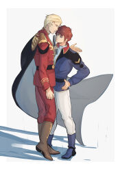 Rule 34 | 2boys, absurdres, amuro ray, belt, black belt, black cape, blonde hair, blue eyes, blue footwear, blue jacket, boots, border, brown footwear, brown hair, cape, char&#039;s counterattack, char aznable, frown, full body, grey background, gun, gundam, hand on own hip, handgun, highres, holding, holding gun, holding weapon, jacket, long sleeves, looking at another, male focus, military uniform, multiple boys, neontube (netube), pants, parted lips, red jacket, red pants, short hair, shoulder boards, simple background, standing, standing on one leg, trigger discipline, uniform, weapon, white border