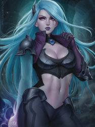 Rule 34 | 1girl, 2018, alternate costume, arm at side, armor, artist name, black pants, blue hair, boobplate, breastplate, breasts, cleavage, closed mouth, collarbone, column, commentary, cowboy shot, death sworn katarina, english commentary, faulds, floating hair, gem, gloves, glowing, glowing hand, hand up, high collar, highres, holding, holding weapon, katarina (league of legends), league of legends, lips, long hair, looking away, medium breasts, navel, nose, pale skin, pants, pauldrons, pillar, pink eyes, purple gloves, purple lips, realistic, scar, scar across eye, scar on face, sciamano240, see-through, shoulder armor, signature, single glove, solo, standing, tight clothes, tight pants, very long hair, weapon