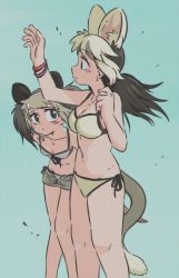 Rule 34 | 2girls, absurdres, alternate costume, animal ears, appleq, arm up, bangle, bare arms, bare legs, bare shoulders, bikini, bikini under clothes, black hair, bracelet, breasts, brown eyes, cleavage, closed mouth, collarbone, commentary request, dress, extra ears, feet out of frame, floating hair, front-tie bikini top, front-tie top, grey hair, hand up, highres, jewelry, kemono friends, leaning forward, long hair, looking at another, medium breasts, medium hair, multicolored hair, multiple girls, navel, open clothes, open fly, open shorts, possum ears, possum tail, scaly-tailed possum (kemono friends), short dress, shorts, side-tie bikini bottom, small breasts, standing, stomach, swimsuit, tail, two side up, white-eared possum (kemono friends), white hair, wind