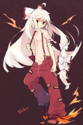Rule 34 | 1girl, :/, ahoge, akimaki yuu, blush, bow, character name, closed mouth, commentary, eyebrows hidden by hair, fujiwara no mokou, full body, hair bow, highres, long hair, looking at viewer, ofuda, ofuda on clothes, pants, red background, red eyes, red footwear, red pants, shirt, shoes, short sleeves, simple background, solo, standing, standing on one leg, suspenders pull, swept bangs, torn clothes, torn sleeves, touhou, very long hair, white bow, white hair, white shirt