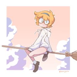 Rule 34 | 1girl, arm support, blonde hair, blue eyes, blue hairband, border, bottomless, broom, broom riding, brown footwear, closed mouth, cloud, day, english text, freckles, full body, glasses, hairband, highres, hood, hood down, hoodie, little witch academia, loafers, looking at viewer, lotte jansson, orenji (wholesomeorenji), outline, outside border, round eyewear, semi-rimless eyewear, shoes, short hair, sidelocks, sky, sleeves past fingers, sleeves past wrists, smile, socks, solo, twitter username, white border, white hoodie, white outline, white socks