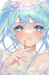 Rule 34 | 1girl, arua, bare shoulders, blue eyes, blue hair, blue nails, collarbone, dress, eyelashes, hair between eyes, hand up, hatsune miku, highres, long hair, looking at viewer, nail polish, parted lips, simple background, solo, twintails, upper body, vocaloid, white background, white dress