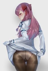 Rule 34 | 1girl, ass, blush, clothes lift, from behind, girls&#039; frontline, gloves, grey background, hair ribbon, highres, lifted by self, long hair, naughty face, negev (girls&#039; frontline), panties, panties under pantyhose, pantyhose, pink hair, red eyes, red ribbon, ribbon, sabashi, self exposure, skirt, skirt lift, smile, smirk, solo, sweat, thighband pantyhose, thighs, underwear, white gloves, white panties, white skirt