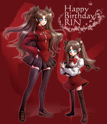 Rule 34 | 2girls, age comparison, age difference, aged down, black legwear, child, dual persona, fate/stay night, fate/zero, fate (series), hair ribbon, happy birthday, long hair, multiple girls, ribbon, stell stell, thighhighs, time paradox, tohsaka rin, twintails, two side up