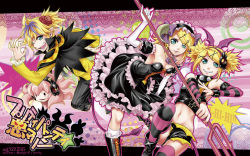 Rule 34 | 2girls, aqua eyes, bare shoulders, blonde hair, brother and sister, detached sleeves, dress, elbow gloves, fang, flower, gloves, hair flower, hair ornament, hair ribbon, hairclip, headphones, highres, horns, kagamine len, kagamine rin, kitano tomotoshi, long hair, megurine luka, multiple girls, nail polish, navel, open mouth, pink hair, pointy ears, polearm, pretty panties akuma rin (vocaloid), ribbon, shorts, siblings, skirt, slit pupils, smile, spear, striped clothes, striped legwear, striped thighhighs, tail, takoluka, tentacles, thighhighs, trident, twintails, vocaloid, weapon, wings