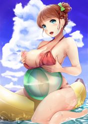 Rule 34 | 1girl, bad id, bad pixiv id, ball, banana boat, bare arms, bare legs, bare shoulders, barefoot, beachball, bikini, blue eyes, blue sky, blush, bow, braid, breast hold, breasts, brown bikini, brown hair, cloud, cloudy sky, collarbone, commentary request, day, french braid, green bow, hair bow, hair bun, hands on breasts, highres, large breasts, looking at viewer, navel, neko neko koneko, nipples, ocean, open mouth, original, outdoors, pink lips, puffy nipples, short hair, sidelocks, single hair bun, sitting, skindentation, sky, smile, solo, sparkle, spread legs, swept bangs, swimsuit, teeth, upper teeth only, water, wet