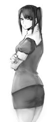 Rule 34 | 10s, 1girl, ass, coat, crossed arms, elbow gloves, from behind, gloves, greyscale, highres, hometa, kantai collection, looking at viewer, looking back, miniskirt, monochrome, nachi (kancolle), pantyhose, side ponytail, sidelocks, simple background, sketch, skirt, solo, swept bangs