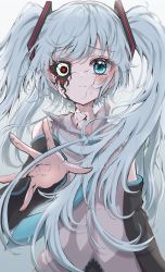 Rule 34 | 1girl, absurdres, android, blue eyes, blue hair, blue necktie, blush, breasts, closed mouth, commentary request, cracked skin, detached sleeves, gradient background, grey shirt, hatsune miku, heterochromia, highres, kayon (touzoku), long hair, long sleeves, looking at viewer, necktie, outstretched arm, red eyes, shirt, solo, spread fingers, upper body, very long hair, vocaloid, white background, wide sleeves