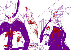 Rule 34 | 1boy, 1girl, axe, blood, blood on breasts, blood on clothes, blood on face, blood on ground, blood on wall, blood stain, bloody weapon, blue eyes, bodies, breasts, crossover, death, facial mark, forehead protector, fox mask, greyscale, gun, handgun, highres, holding, holding axe, holding gun, holding weapon, hood, hooded coat, hotline miami, hyuuga hinata, indoors, konohagakure symbol, large breasts, long hair, mask, mattwilson83, monochrome, naruto, naruto (series), naruto shippuuden, ninja, no pupils, out of character, purple eyes, purple hair, purple theme, spiked hair, uzumaki naruto, very long hair, weapon, whisker markings, white eyes