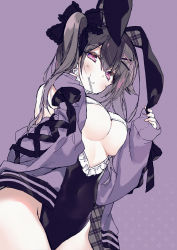 Rule 34 | 1girl, alternate costume, animal ears, azur lane, black hair, blush, breasts, byulzzi, clothing cutout, commentary request, cowboy shot, fake animal ears, jacket, large breasts, leotard, long hair, long sleeves, looking at viewer, pamiat merkuria (azur lane), playboy bunny, purple eyes, rabbit ears, simple background, smile, solo, thighs, underboob, underboob cutout, unfinished
