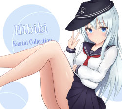 Rule 34 | 1girl, black hat, black sailor collar, black skirt, blue eyes, character name, closed mouth, copyright name, from side, hair between eyes, hat, hibiki (kancolle), highres, kantai collection, long hair, long sleeves, looking at viewer, miniskirt, neckerchief, peaked cap, pleated skirt, red neckerchief, sailor collar, shiny skin, silver hair, sitting, skirt, smile, solo, tikken, very long hair, w, white background, white sailor collar