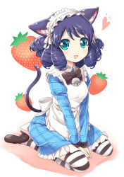 Rule 34 | 10s, 1girl, :3, animal ears, apron, aqua eyes, bell, blue hair, bow, cat ears, cat tail, curly hair, cyan (show by rock!!), food, fruit, headband, high heels, mitsuki meia, open mouth, short hair, show by rock!!, simple background, solo, strawberry, striped clothes, striped thighhighs, tail, thighhighs