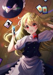 Rule 34 | 100th black market, 1girl, absurdres, apron, black vest, blonde hair, bow, buttons, card, hat, hat bow, highres, kirisame marisa, long hair, lying, multicolored buttons, nettian51, puffy short sleeves, puffy sleeves, rainbow gradient, red bow, red eyes, shirt, short sleeves, touhou, vest, waist apron, white apron, white shirt, witch hat, wooden floor, yin yang