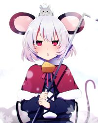 Rule 34 | 1girl, alternate costume, animal ears, backlighting, bloom, blurry, blush, capelet, cheese, cross-laced clothes, depth of field, dowsing rod, food, fur trim, highres, holding, holding stick, jitome, long sleeves, looking at viewer, mouse ears, mouse on head, mouse tail, nazrin, open mouth, puffy long sleeves, puffy sleeves, red capelet, red eyes, short hair, silver hair, simple background, solo, stick, tail, touhou, triangle mouth, upper body, v-shaped eyebrows, white background, you (noanoamoemoe)