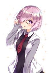 Rule 34 | 1girl, adjusting eyewear, black-framed eyewear, blush, breasts, commentary request, emilion, fate/grand order, fate (series), glasses, hair over one eye, highres, jacket, long sleeves, looking at viewer, mash kyrielight, medium breasts, necktie, open mouth, pink hair, pocket, purple eyes, red necktie, short hair, solo, sparkle, upper body, wing collar