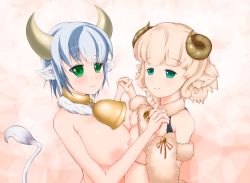 Rule 34 | 2girls, animal ears, asymmetrical docking, bell, blonde hair, blush, breast press, breasts, collar, cow ears, cow girl, cow tail, cowbell, fur, green eyes, holding hands, holstaur (monster girl encyclopedia), horns, large breasts, looking at viewer, monster girl, monster girl encyclopedia, multicolored hair, multiple girls, neck bell, nipples, ribbon, sheep ears, sheep girl, short hair, smile, tail, two-tone hair, weresheep, whether