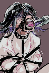 Rule 34 | 1boy, animal collar, black collar, black hair, brown background, collar, colored inner hair, commentary request, danganronpa (series), danganronpa v3: killing harmony, male focus, me (lililico), medium hair, mouth guard, multicolored hair, oma kokichi, partial commentary, purple eyes, purple hair, restrained, reverse ryona, saliva, shaded face, simple background, solo, straitjacket, studded collar, teeth, tongue, tweezers, upper body, upper teeth only