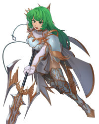 Rule 34 | 1girl, armor, asagi (banzoku210), breastplate, cape, erinys (fire emblem), fire emblem, fire emblem: genealogy of the holy war, green eyes, green hair, highres, holding, holding weapon, long hair, nintendo, open mouth, polearm, shoulder armor, simple background, solo, spear, weapon, white background