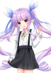 Rule 34 | 1girl, :o, alternate costume, anz32, arm at side, arm up, bad id, bad pixiv id, black skirt, blunt bangs, blush, commentary request, cowboy shot, hair ribbon, head tilt, kyoka (princess connect!), layered sleeves, light purple hair, long hair, long sleeves, open mouth, pointy ears, princess connect!, puffy short sleeves, puffy sleeves, purple eyes, ribbon, shirt, short sleeves, skirt, skirt hold, solo, standing, suspender skirt, suspenders, twintails, twitter username, very long hair, white shirt