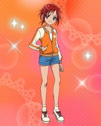Rule 34 | 1girl, artist request, commentary, english commentary, eyelashes, hair ornament, hairclip, happy, highres, hino akane (smile precure!), jacket, looking at viewer, official art, orange jacket, ponytail, precure, precure connection puzzlun, red eyes, red hair, shoes, short hair, shorts, smile, smile precure!, socks, solo, third-party source