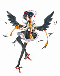 Rule 34 | 1girl, bird wings, black feathers, black hair, black skirt, black wings, camera, closed mouth, commentary request, feathers, frilled skirt, frills, full body, geta, hand fan, hat, hauchiwa, highres, holding, holding camera, ichigo maru, looking at viewer, pom pom (clothes), red eyes, red hat, shameimaru aya, short hair, short sleeves, simple background, skirt, solo, tengu-geta, tokin hat, touhou, white background, wings