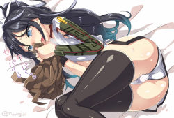Rule 34 | 10s, 1girl, ass, asymmetrical gloves, black hair, black thighhighs, blue eyes, blush, breasts, fingerless gloves, gloves, hair ribbon, heavy breathing, japanese clothes, kantai collection, katsuragi (kancolle), long hair, looking down, lying, midriff, on side, open mouth, panties, pleated skirt, ponytail, remodel (kantai collection), ribbon, shiny clothes, shiny skin, single sleeve, skindentation, skirt, small breasts, smelling, solo, tears, thighhighs, thighs, torimaru, underwear, uneven gloves, wavy mouth, white panties