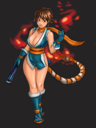 Rule 34 | 1girl, black background, breasts, brown eyes, brown hair, female focus, fire, full body, shiranui mai, short hair, snk, solo, standing, the king of fighters