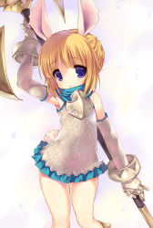 Rule 34 | 1girl, animal ears, blonde hair, blue eyes, bluehole studio, detached sleeves, elin, emily (pure dream), flat chest, gloves, looking at viewer, miniskirt, short hair, skirt, solo, standing, tail, tera online, warrior