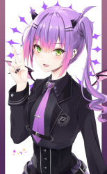 Rule 34 | 1girl, :d, absurdres, black jacket, black nails, black shirt, border, collared shirt, earrings, green eyes, hair between eyes, hair ornament, hairclip, highres, hololive, jacket, jewelry, long hair, long sleeves, mini wings, multicolored hair, nail polish, necktie, niie, open clothes, open jacket, open mouth, pillarboxed, pink hair, pink wings, purple border, purple hair, purple necktie, shirt, side ponytail, smile, solo, standing, tokoyami towa, two-tone hair, underbust, virtual youtuber, wing collar, wings
