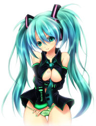 Rule 34 | 1girl, aqua eyes, aqua hair, bare shoulders, between breasts, blush, body writing, breasts, cleavage, clothes writing, collarbone, cowboy shot, detached sleeves, fingernails, green nails, green panties, grin, hair between eyes, hand in panties, hatsune miku, head tilt, headphones, koai, koiai, large breasts, long fingernails, long hair, looking at viewer, nail polish, necktie, neon trim, no bra, no pants, open clothes, open shirt, panties, panty pull, parted bangs, plaid, plaid panties, shirt, simple background, skindentation, smile, solo, tattoo, taut clothes, thick thighs, thigh gap, thighs, twintails, underboob, underwear, very long hair, vocaloid, white background, wing collar