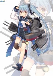 Rule 34 | 1girl, anchor symbol, arm up, blue hair, blue necktie, blush, character request, long hair, long sleeves, looking at viewer, necktie, pointing, pointing at viewer, shenbei xiaoqiu, side ponytail, smile, solo, warship girls r, yellow eyes