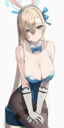 Rule 34 | 1girl, animal ears, asuna (blue archive), asuna (bunny) (blue archive), bare shoulders, blue archive, blue eyes, blue leotard, blue ribbon, blush, breasts, brown pantyhose, cleavage, covered navel, detached collar, elbow gloves, fake animal ears, gloves, hair over one eye, hair ribbon, halo, highleg, highleg leotard, highres, large breasts, leotard, light brown hair, long hair, looking at viewer, mole, mole on breast, pantyhose, playboy bunny, rabbit ears, ribbon, sitting, smile, solo, stool, thighband pantyhose, thighs, very long hair, white gloves, yuzu-aki