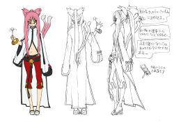 Rule 34 | 1girl, animal ears, arc system works, bell, belt, black panties, blazblue, bracelet, candy, cat ears, cat girl, cat tail, character sheet, female focus, flat color, food, full body, glasses, jewelry, kokonoe (blazblue), lab coat, lollipop, long hair, midriff, multiple tails, official art, orange eyes, panties, pants, partially colored, pink hair, ponytail, sandals, simple background, sketch, solo, tail, translation request, underwear, white background