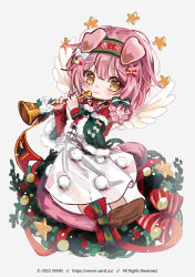 Rule 34 | 1girl, animal ears, apron, arknights, artist name, bow, braid, cat ears, cat girl, cat tail, chibi, christmas, copyright notice, floppy ears, floral print, flower, fur-trimmed sleeves, fur trim, goldenglow (arknights), goldenglow (maiden for the bright night) (arknights), green sweater, hair bow, hair ornament, hairband, hairclip, holding, holding instrument, horn (instrument), instrument, long hair, looking at viewer, official alternate costume, pink hair, poinsettia, print hairband, red bow, red hairband, smile, solo, sweater, tail, tail bow, tail ornament, venn (vebonbon), watermark, web address, white apron, white bow, yellow eyes