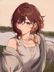 Rule 34 | absurdres, brown hair, hair ornament, hairclip, highres, higuchi madoka, idolmaster, idolmaster shiny colors, jacket, jewelry, mole, mole under eye, necklace, nonbire, open clothes, open jacket, purple eyes, short hair, swept bangs, tank top, upper body