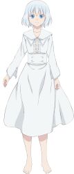 Rule 34 | 1girl, absurdres, barefoot, blue eyes, dress, highres, looking at viewer, niehime to kemono no ou, sariphi, short hair, smile, transparent background, white dress, white hair