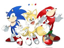 Rule 34 | 3boys, animal ears, blonde hair, blue eyes, blush, fox ears, fox tail, frown, furry, gloves, gradient eyes, green eyes, hedgehog ears, highres, kayama yosi (yosiyosi), knuckles the echidna, looking at viewer, male focus, multicolored eyes, multiple boys, multiple tails, open mouth, shoes, smile, sonic (series), sonic the hedgehog, standing, tail, tails (sonic), two tails, waving, white background