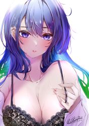 Rule 34 | 1girl, absurdres, bad id, bad twitter id, black bra, blue eyes, blue hair, blush, bra, breasts, cleavage, collarbone, commentary request, dated, gradient hair, green hair, hair between eyes, hair ornament, hairclip, hand on own chest, hand under clothes, highres, lace, lace-trimmed bra, lace trim, large breasts, letterboxed, lips, long hair, looking at viewer, multicolored hair, off shoulder, open clothes, open shirt, original, parted lips, shirt, signature, simple background, solo, sweat, two-tone hair, underwear, upper body, urotare, white background, white shirt