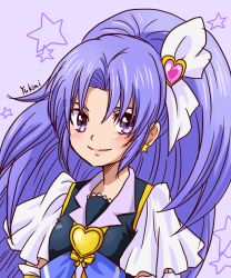 Rule 34 | 10s, 1girl, artist name, bad id, bad pixiv id, blush, brooch, cure fortune, earrings, eyelashes, hair ornament, happinesscharge precure!, happy, heart, heart brooch, highres, hikawa iona, jewelry, long hair, looking at viewer, magical girl, ponytail, portrait, precure, purple background, purple eyes, purple hair, purple theme, shirt, sketch, smile, solo, star (symbol), star earrings, vest, wide ponytail, yukimi (kurumi-no-naruki)