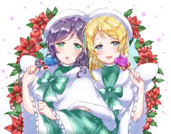 Rule 34 | 2girls, :d, :o, angel wings, ayase eli, bad id, bad pixiv id, beret, blonde hair, blue eyes, bow, bowtie, candy, capelet, christmas, clenched hand, flower, food, green eyes, green neckwear, hair down, hand on another&#039;s arm, hat, hat ribbon, holding, holding candy, holding food, holding lollipop, holly, kaisou (0731waka), lollipop, looking at viewer, love live!, love live! school idol festival, love live! school idol project, multiple girls, open mouth, poinsettia, purple hair, ribbon, smile, striped bow, striped bowtie, striped clothes, striped neckwear, tojo nozomi, upper body, white hat, wide sleeves, wings, yuri