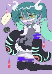 Rule 34 | 1girl, black skirt, black sleeves, black thighhighs, blue hair, chinmoku (silent t), creatures (company), detached arm, detached legs, detached sleeves, dusk ball, game freak, ghost miku (project voltage), glitch, grey shirt, hair between eyes, hatsune miku, highres, long hair, looking at viewer, necktie, nintendo, open mouth, pale skin, poke ball, pokemon, print sleeves, project voltage, purple background, see-through, see-through skirt, shirt, skirt, sleeveless, sleeveless shirt, sleeves past fingers, sleeves past wrists, solo, speech bubble, thighhighs, twintails, very long hair, vocaloid, white necktie, will-o&#039;-the-wisp (mythology), yellow eyes