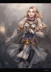 Rule 34 | 1girl, :d, arm guards, armor, armored boots, blonde hair, bodystocking, boots, breastplate, breasts, bryanth, covered navel, cowboy shot, fire, gloves, holding, knee boots, league of legends, loincloth, long hair, looking at viewer, lux (league of legends), medium breasts, open mouth, shoulder armor, shoulder pads, signature, smile, solo, pauldrons, standing, torch, white gloves