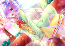 Rule 34 | 1girl, absurdres, artist name, bad id, bad pixiv id, bag, blue eyes, blue hair, blurry, blurry background, blush, bow, breasts, brown bag, cardigan, cherry blossoms, commentary request, dress, green cardigan, hair ornament, hair over one eye, hair ribbon, highres, holding, holding bag, medium breasts, open mouth, outdoors, pink ribbon, re:zero kara hajimeru isekai seikatsu, red bow, rem (re:zero), ribbon, shokorate, short hair, smile, solo, teeth, upper teeth only, x hair ornament, yellow dress