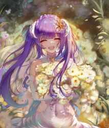 Rule 34 | 1girl, absurdres, bare shoulders, blurry, blurry background, bridal veil, bride, closed eyes, commentary, commission, covered navel, dress, elbow gloves, english commentary, facing viewer, flower, gloves, gradient hair, hair ornament, happy, highres, holding, holding flower, lilac (k32420276), long hair, multicolored hair, open mouth, original, outdoors, plant, purple hair, ruthenium77&#039;s character, sleeveless, sleeveless dress, smile, solo, standing, tearing up, teeth, tongue, twintails, upper body, upper teeth only, veil, wedding dress, white dress, white gloves