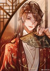 Rule 34 | 1boy, chinese clothes, earrings, hand fan, hanfu, highres, holding, holding fan, jewelry, long hair, long sleeves, looking at viewer, male focus, qiang jin jiu, shen lanzhou, smile, solo, upper body, wide sleeves