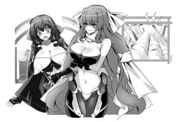 Rule 34 | 3girls, aoi kimi, asama tomo, blush, breast envy, breasts, cleavage, embarrassed, from behind, huge breasts, kyoukaisenjou no horizon, long hair, monochrome, multiple girls, nate mitotsudaira, no bra, todee, very long hair
